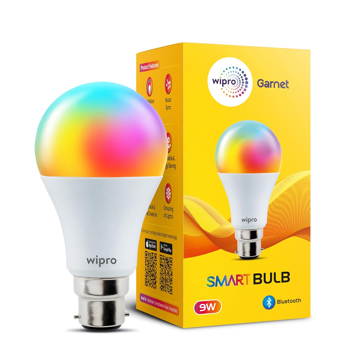 wipro 9W Bluetooth Enabled Smart Bulb B22 | 16 million Colours | White Tunable (Warm, Neutral & Cool White) | Dimmable | App-Control | Music Sync | Schedule & Scenes | Pack of 1 wipro 9W Bluetooth Enabled Smart Bulb B22 | 16 million Colours | White Tunable (Warm, Neutral & Cool White) | Dimmable | App-Control | Music Sync | Schedule & Scenes | Pack of 1