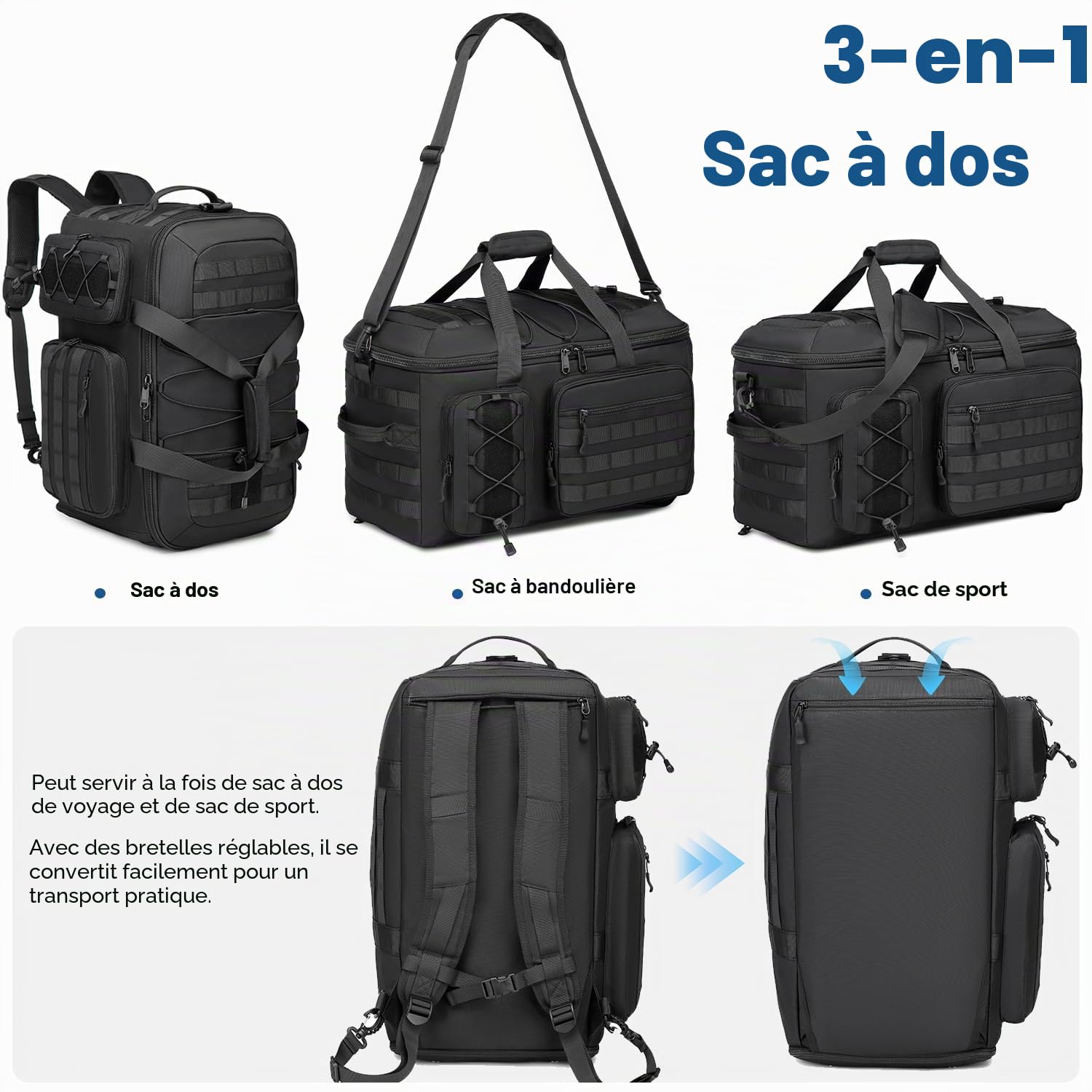 Sac de Sport 3 en 1 Homme avec Fonction Sac à Dos 50L Sac de Voyage | Sac à dos sport avec compartiment à chaussures nylon 900D, avec poche humide, sac de gym pour entraînement, fitness, week-end