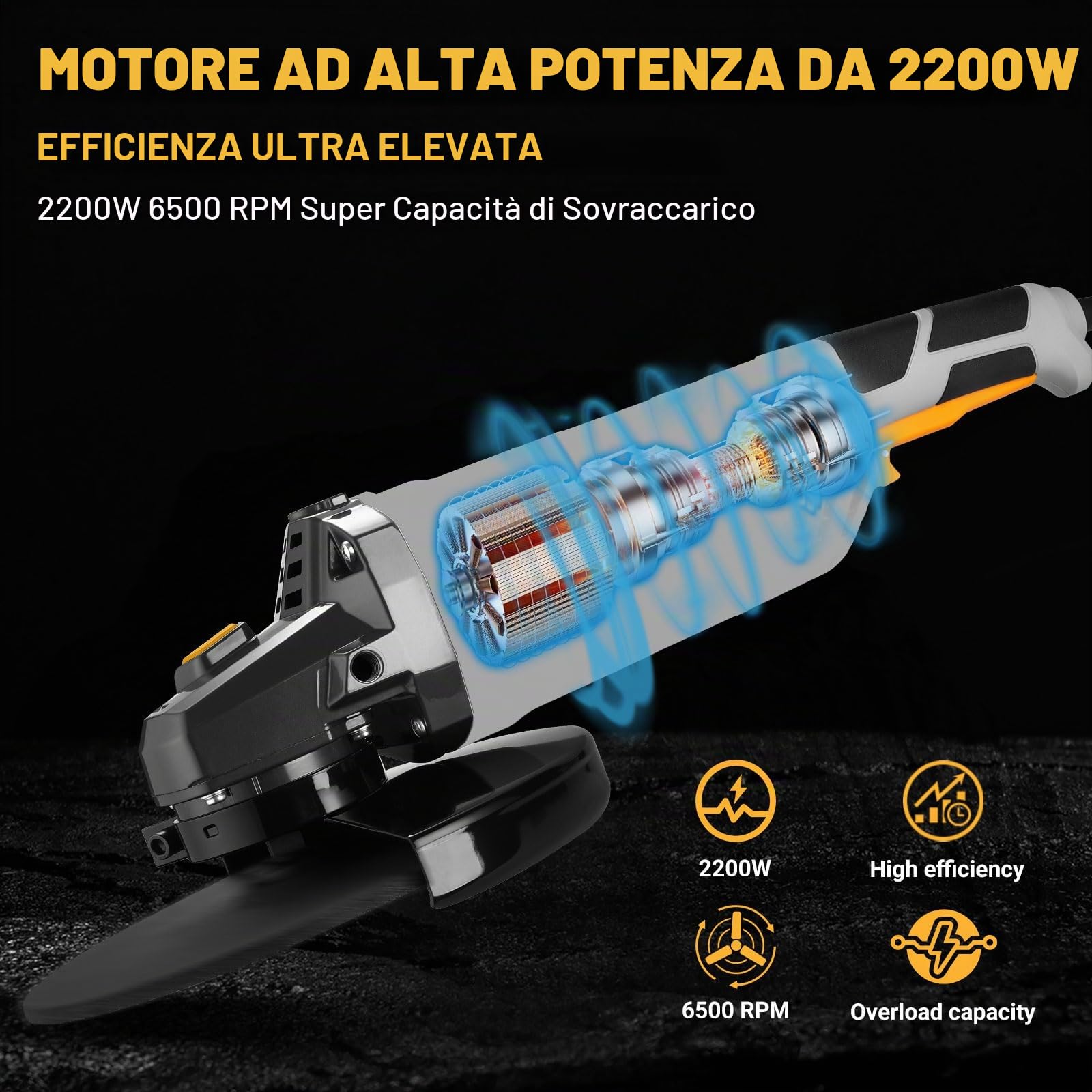 DEKOPRO Smerigliatrice Angolare: 230mm 2200W Smerigliatrice Angolare Elettrica con Cavo, Velocità 6500 RPM, per Tagliare, Lucidare e Smerigliare, con Manici Lunghi