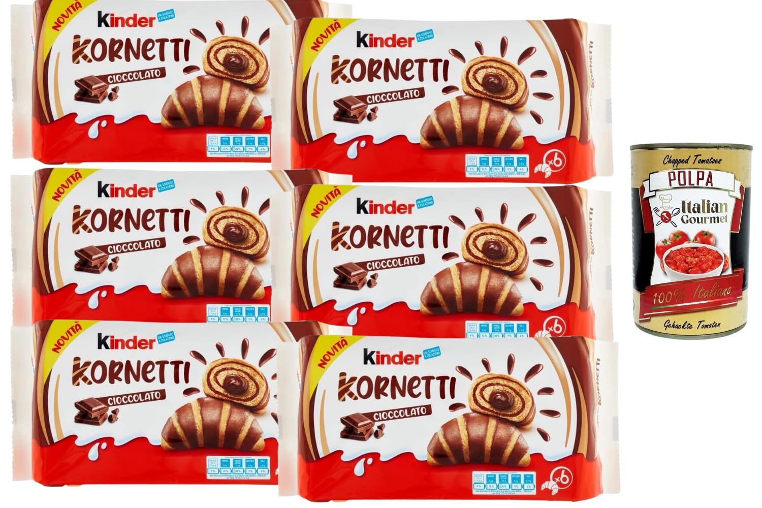 Italian Gourmet Lot 6x Kinder Kornetti Cioccolato – Cornets briochés moelleux fourrés au chocolat, viennoiserie emballée pour petit-déjeuner & goûter, snack sucré 6 x 252 g + Italian Gourmet Polpa