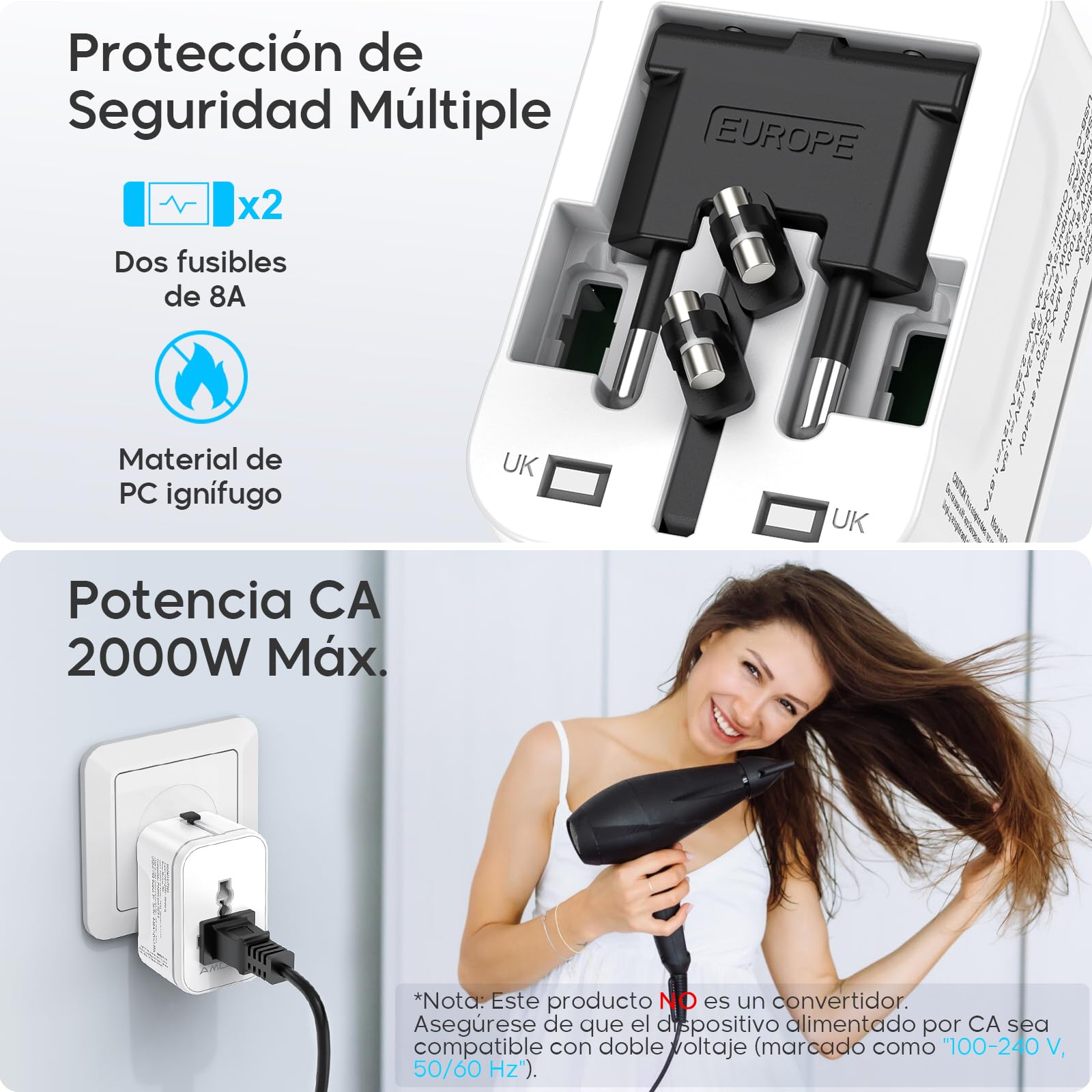 Amoner Adattatore Universale da Viaggio 2 USB C 2 USB A 2KW per 200+ Paesi
