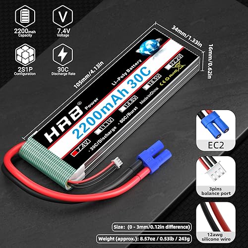Miniatura 2 de HRB 2S 2200mAh Lipo Batería EC2 30C 7.4V RC Lipo Batería Compatible con RC Car RC Truck RC Boat RC Airplane RC Helicopter (2 paquetes)