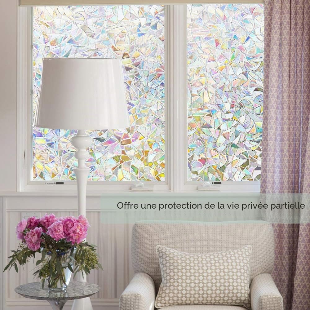 Finnez Fenêtre Film Auto-Adhésif Protection de la Vie Privée 3D sans Colle en Verre Dépoli Autocollant Holographique Décoratif pour Porte en Verre Maison Maison Cuisine Bureau (90 x 400 cm)