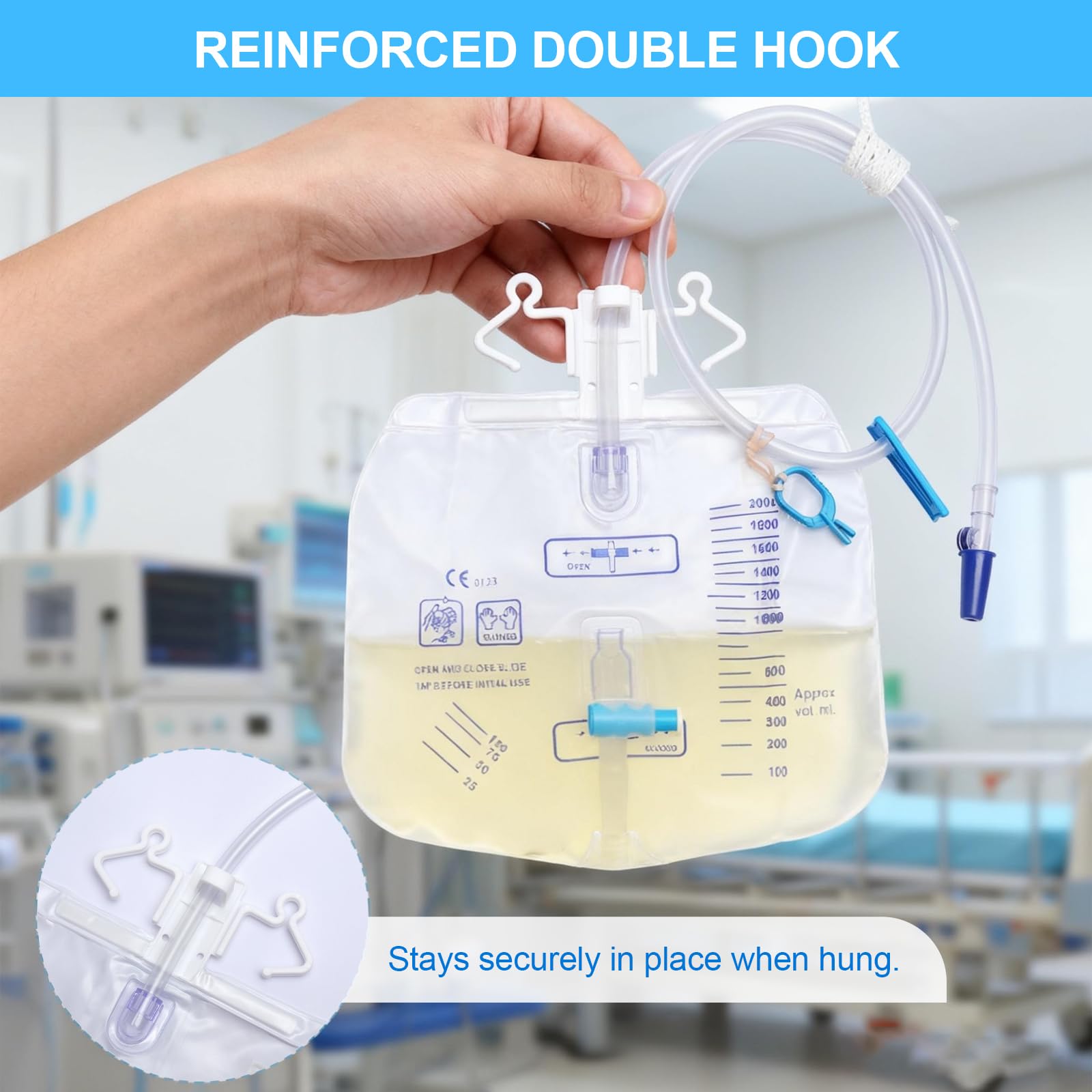 2 Stück Urindrainagesystem, Urinbeutel 2000ml mit Anti Reflux Ventil und Ablass, Urindrainagebeutel Drainagebeutel mit 100cm Schlauch (2000ml-2pcs)