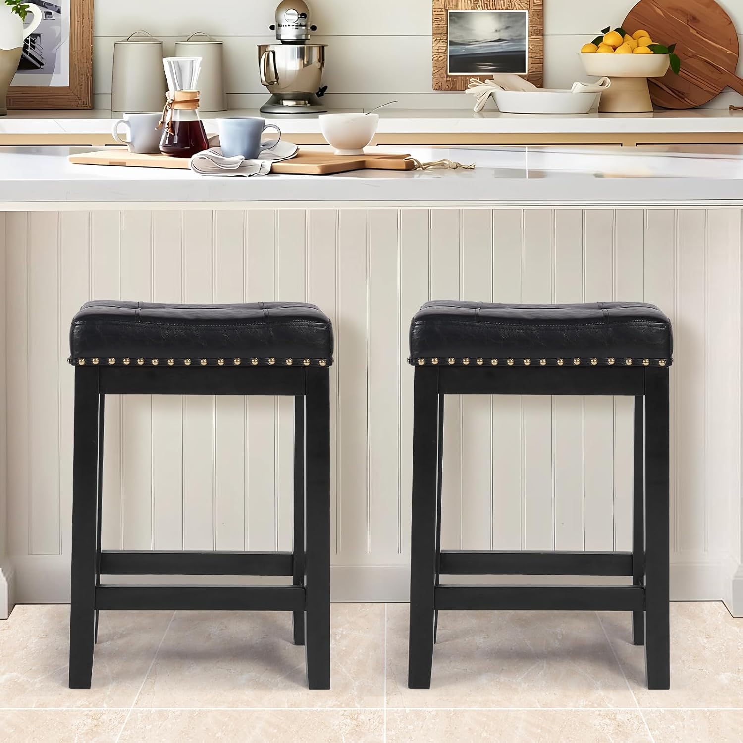Qxznby PU Leather Bar Stools Set of 2, Counter Height Bar