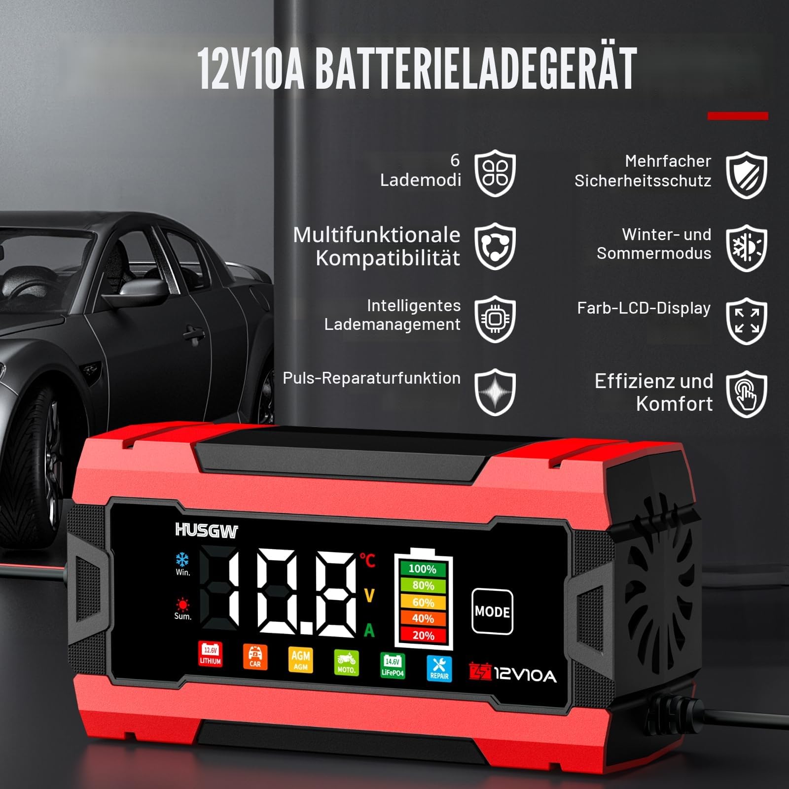 12V 10A Autobatterie Ladegerät mit Farbdisplay, automatischer Abschaltung & Temperaturkompensation, für Auto/Motorrad (AGM/EFB/Gel/LiFePO4), 6-Fach Schutz(Rot 10)