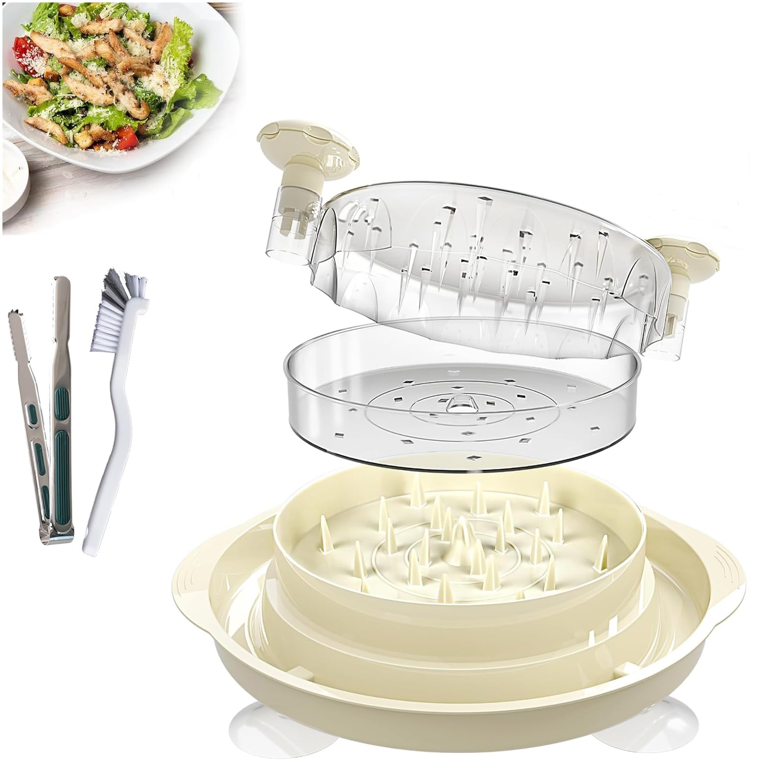 Chicken Shredder 12''Large Chicken Breast Tool Twist Equipped with 4 Anti Slip Suction Cups and Brush&Food Tongs Visible Meat Masher Machine,Ergonomic Handle,Suitable for Meat&Vegetables (Creamy)