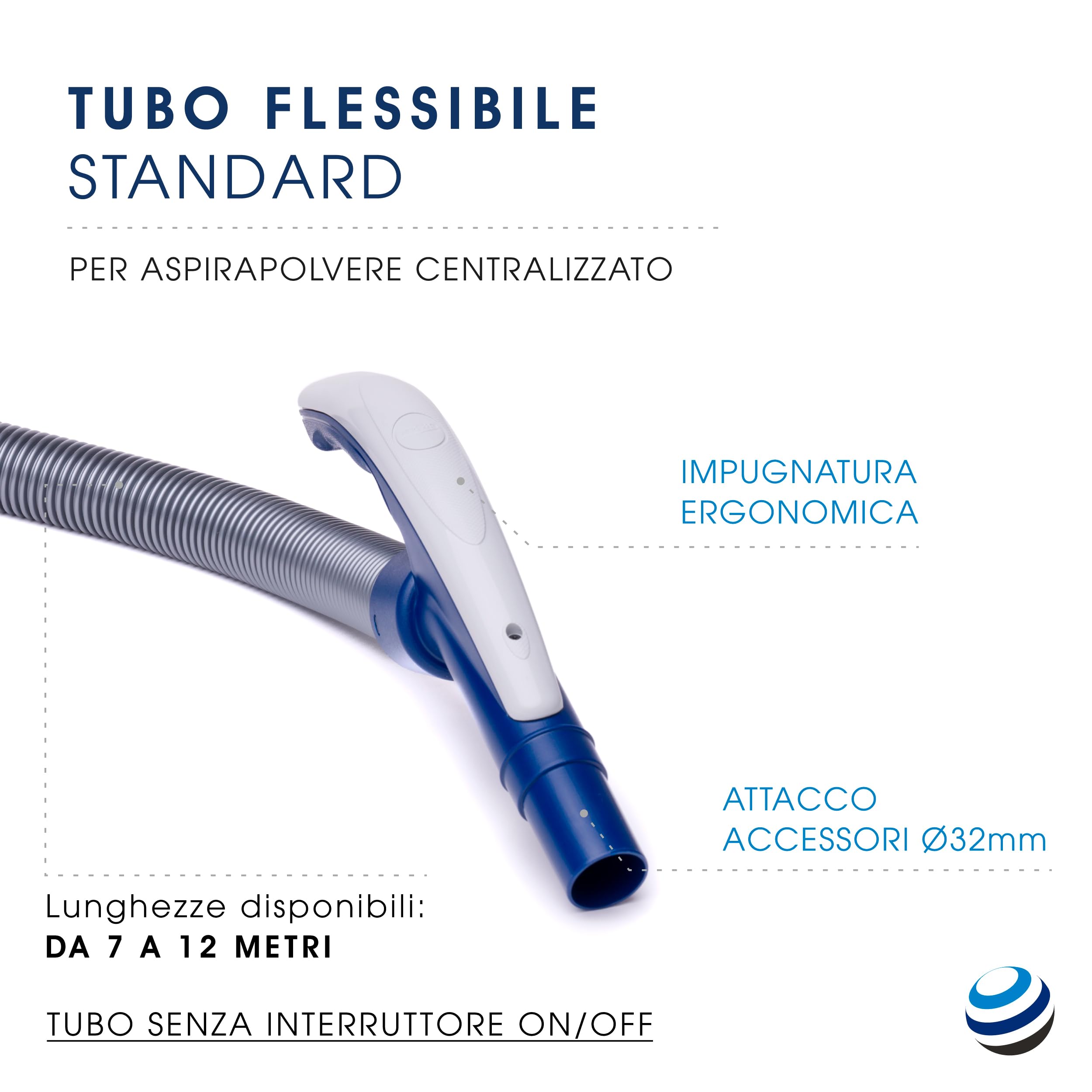 Set Tubo Flessibile e Kit Accessori per Aspirapolvere Centralizzato compatibile con Aertecnica Tubò, Sistem Air, Duovac, General D'Aspirazione GDA - Senza interruttore ON/OFF (12 metri)
