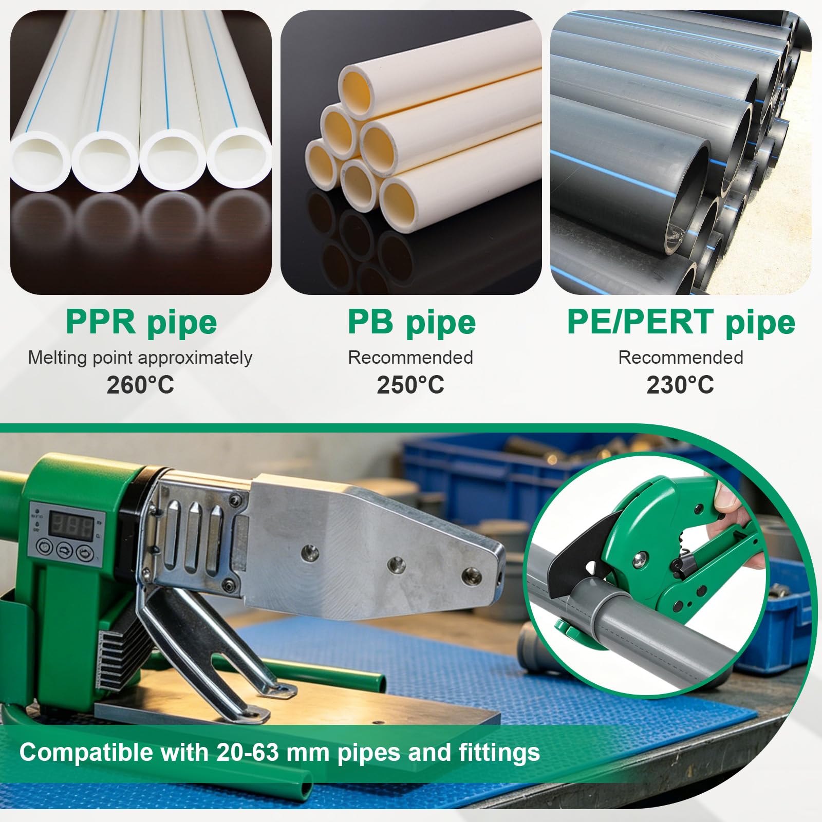 CPROSP 2000W Máquina de Termofusión con Pantalla Digital para PPR PE PB | Especificaciones: 2000W Máquina de Termofusión con Pantalla Digital para PPR PE PB