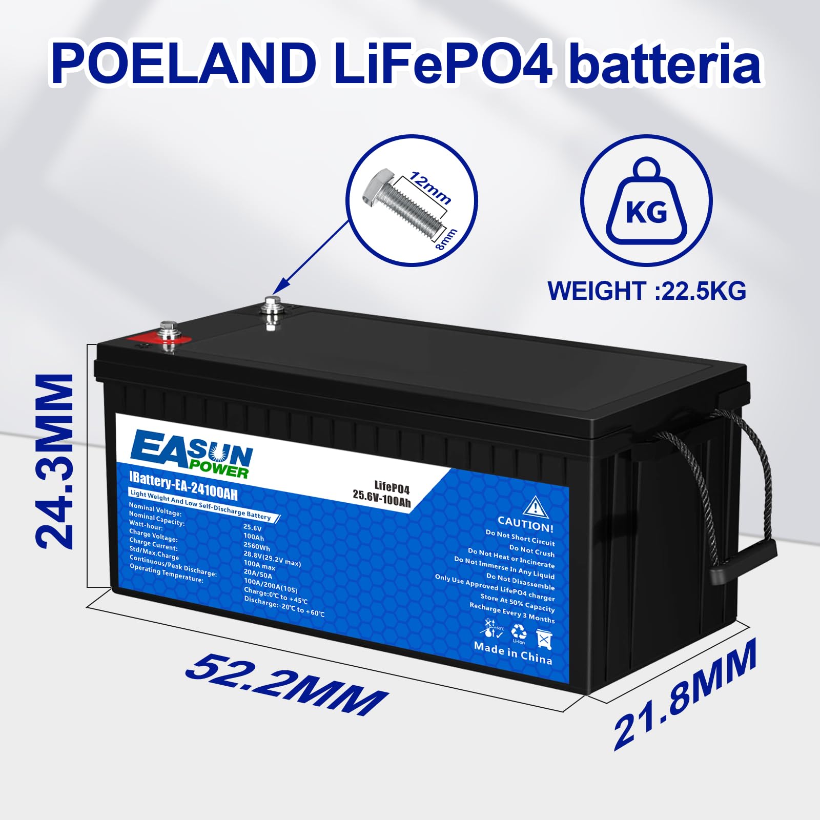 POWLAND Batteria LiFePO4 24V 100Ah con Oltre 6000 Cicli di Profondità,Batteria Litio 24V e di Protezione BMS, Perfetta per Marine, Pannello Fotovoltaico, Casa