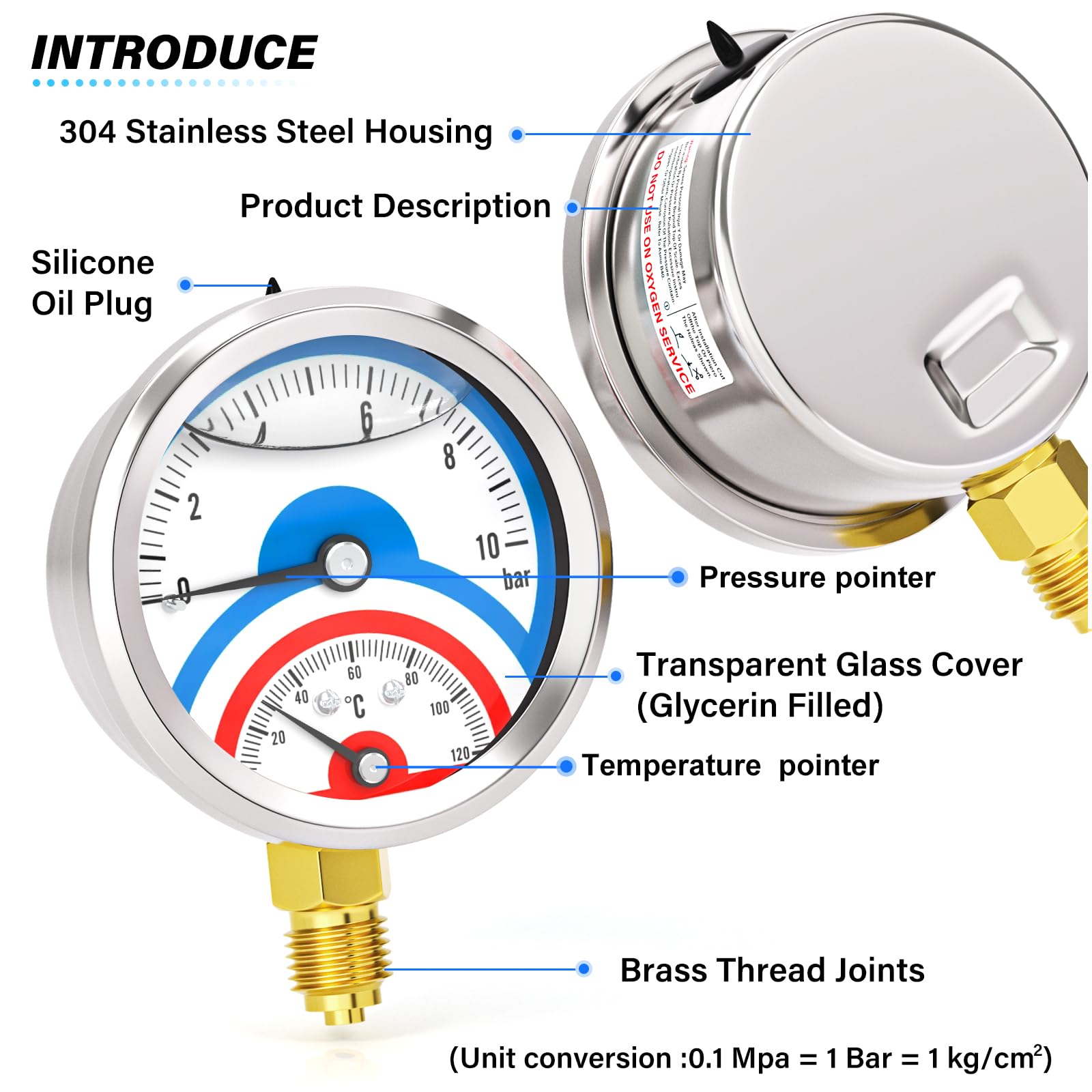 MEANLIN MEASURE 0~10 BAR/150PSI Manomètre thermique en acier inoxydable 0~120℃ Manomètre à liquide 1/4"BSP 2.5" FACE DIAL, avec douille hexagonale 1/2" BSP et 3/8" BSP, montage inférieur