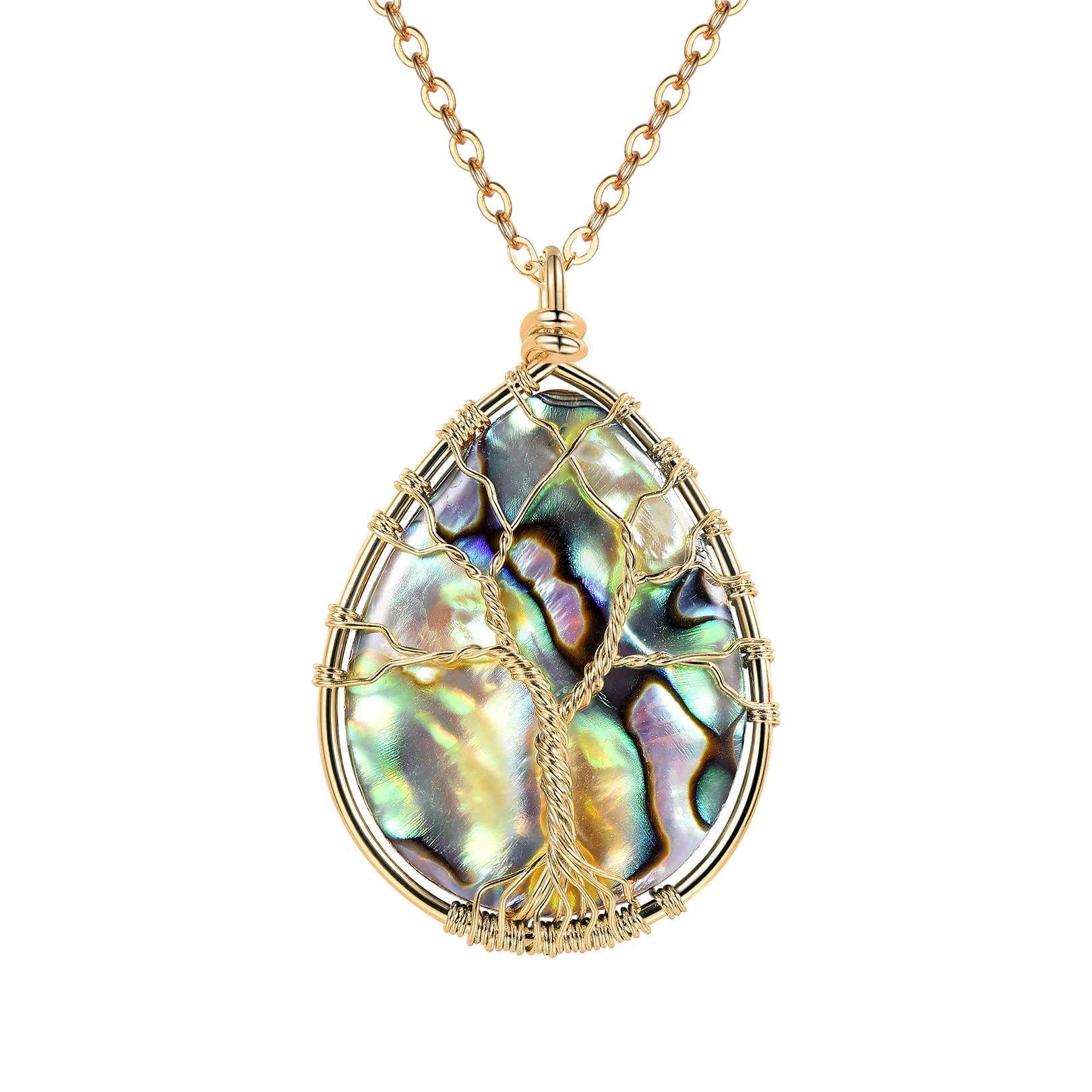 FOCALOOK Stainless Steel Wire Wrapped Tree of Life Abalone Necklaces Handmade Costume Jewelry Long Necklaces for Women (Send Gift Box)