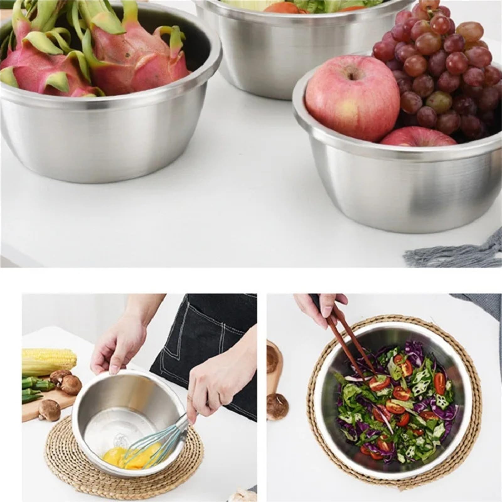 Tazón Para Mezclar Juego de tazones for mezclar acero inoxidable | Lavabo con tapa Huevo Verdura Vajilla Menaje de cocina(Bowl With Lid,34cm)