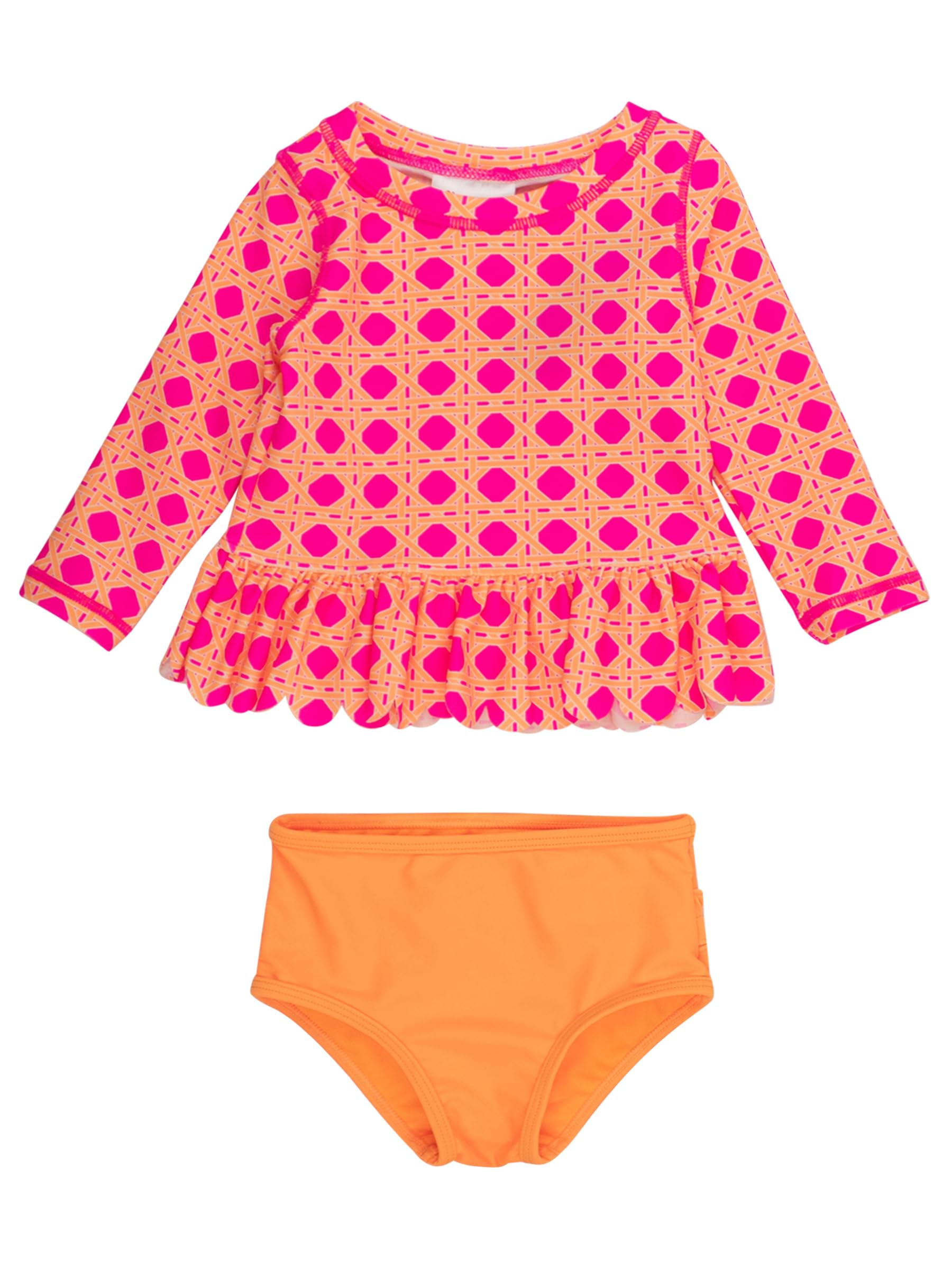 RuffleButts Girls Scalloped Long Sleeve - 2-Piece Rash Guard Swim UPF 50+