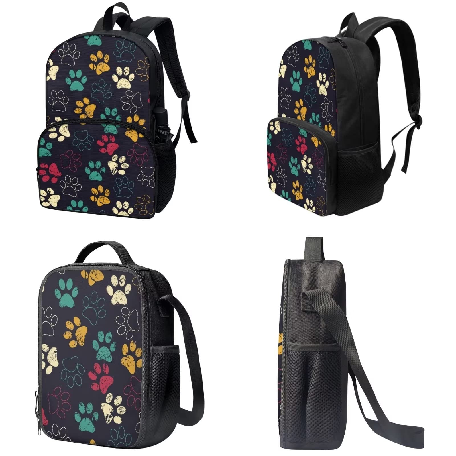 Poceacles Schultasche und Lunchbox-Set für Teenager, Jungen, Grundschule, Büchertasche, Federmäppchen für Grundschulkinder, Mehrfarbige Pfotenabdrücke, Einheitsgröße