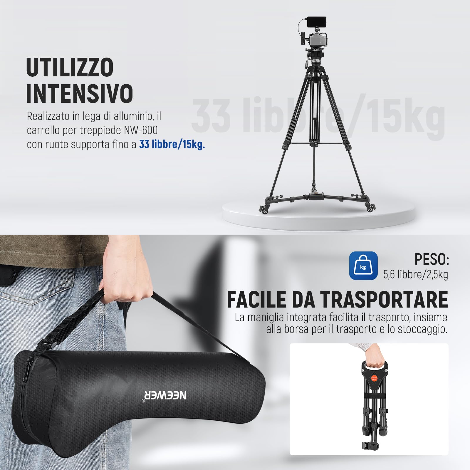 Neewer Dolly Carrello Base di Treppiede con Ruote in Gomma e Montatura Regolabile di Gambe per Fotocamera DSLR e Videocamera Canon Nikon Sony