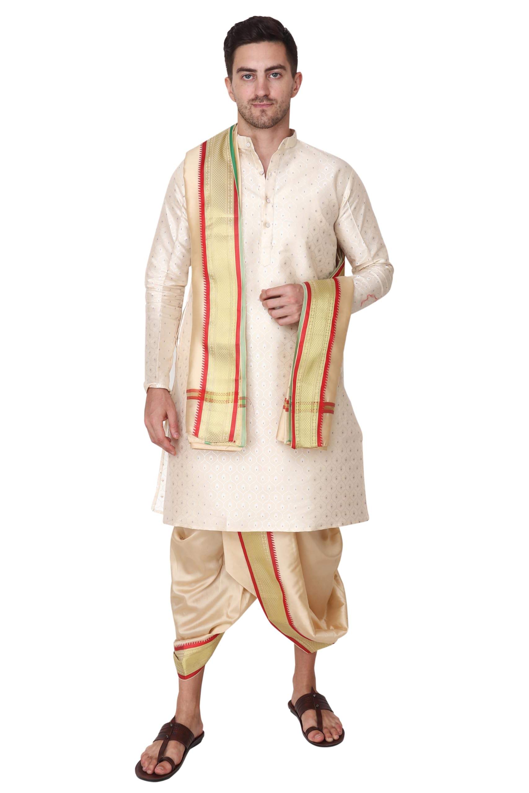 Readymade Dhoti for men with Sherwani Style Silk Kurta, Suitable for Marriage, Pooja, Festival