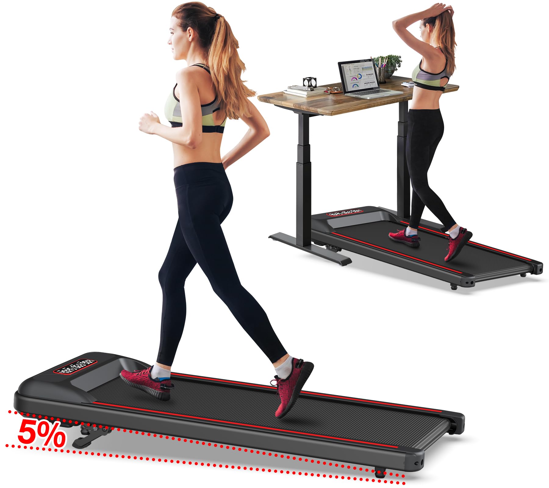 Treadmills with Incline, Under Desk Walking Pad 320lb Capacity, Small Treadmill for Home Office Smart Treadmill Works with ZWIFT KINOMAP Apple Health WELLFIT, AI Voice Control Easy to Move and Store