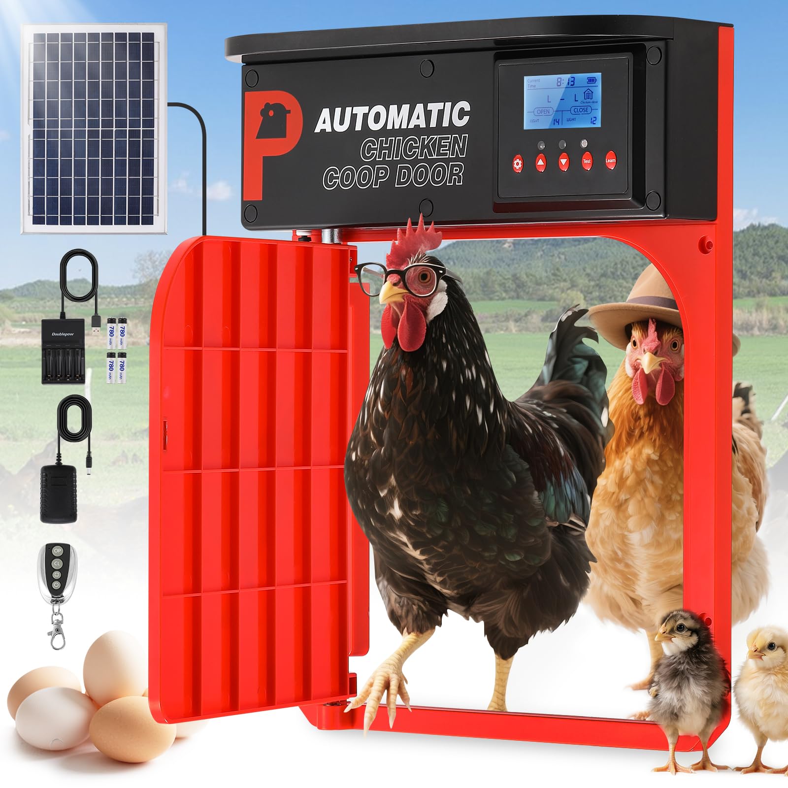 Proshine Automatic Chicken Coop Door, Upgrade Door Opening, Solar Powered Chicken Door, Light Sensor&Timer, Remote Control, Multiple Power Options