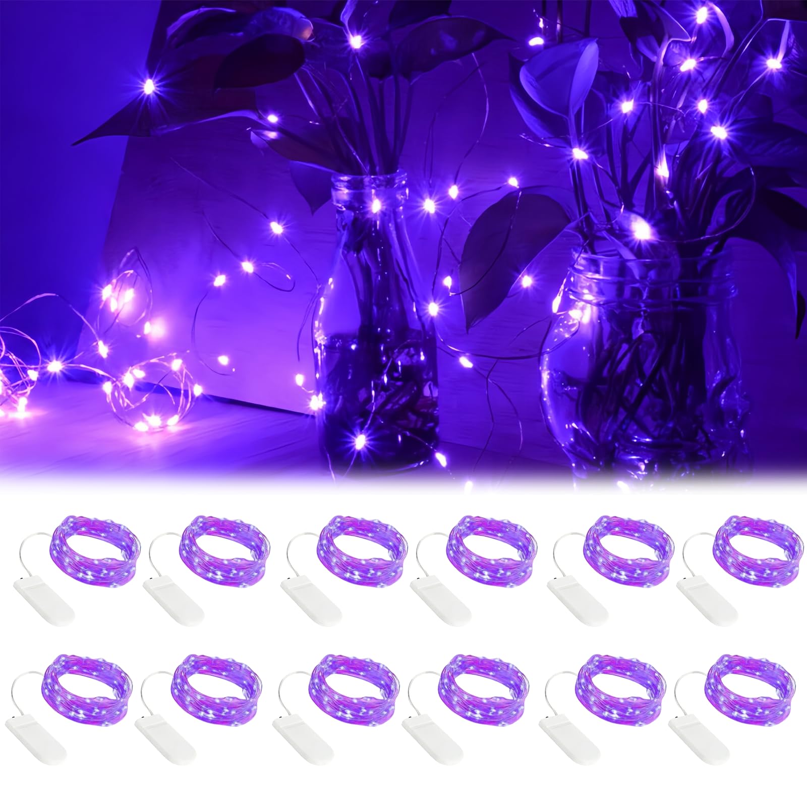 GOEDCH Mini Alambre de Cobre Cadena de Luces: 12 Piezas 2M 20 LED Púrpura Guirnalda Cadena Luces, Guirnalda Luces LED, Cadena de Luces con Pilas, Cadena de Luces Decorativas para Bodas, Jardín