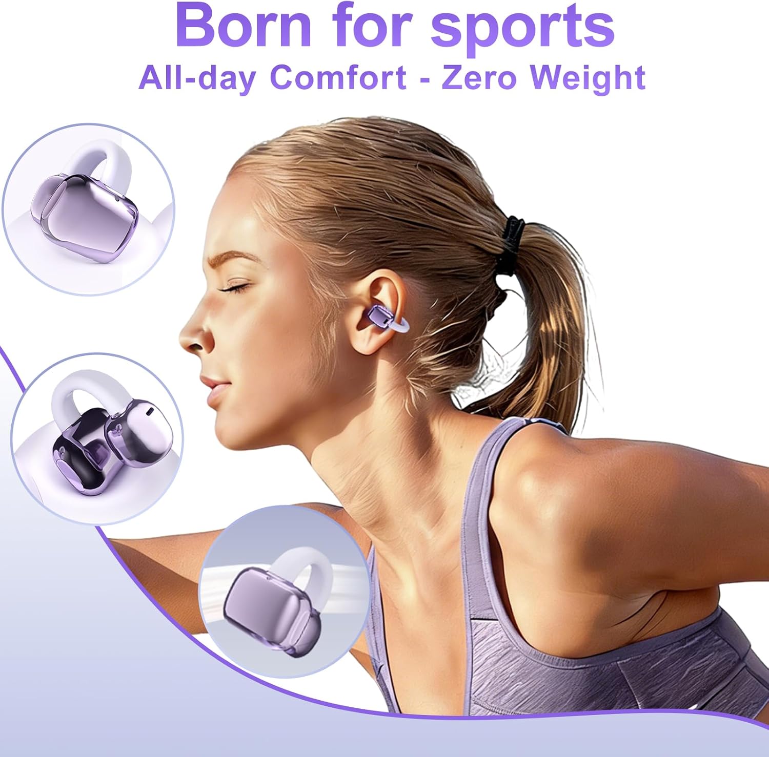 Open Ear Earbuds Wireless Bluetooth - Clip on Ear Buds Comfortable for All Ears， ENC Noise Cancelling Headphones with 50H Play Time, IPX5 Waterproof for Sports - Purple