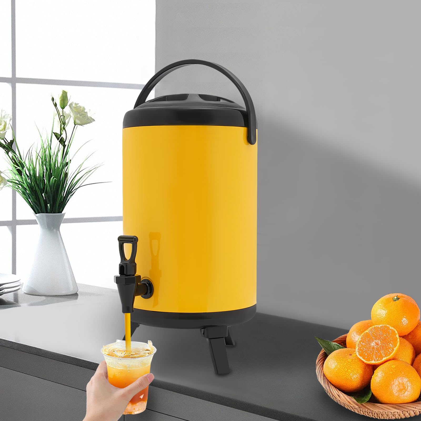 Distributore di bevande isolato da 10 l, per bevande calde e fredde, in acciaio inox, con perni, caraffa termica, contenitore per tè, caffè, succo (giallo)