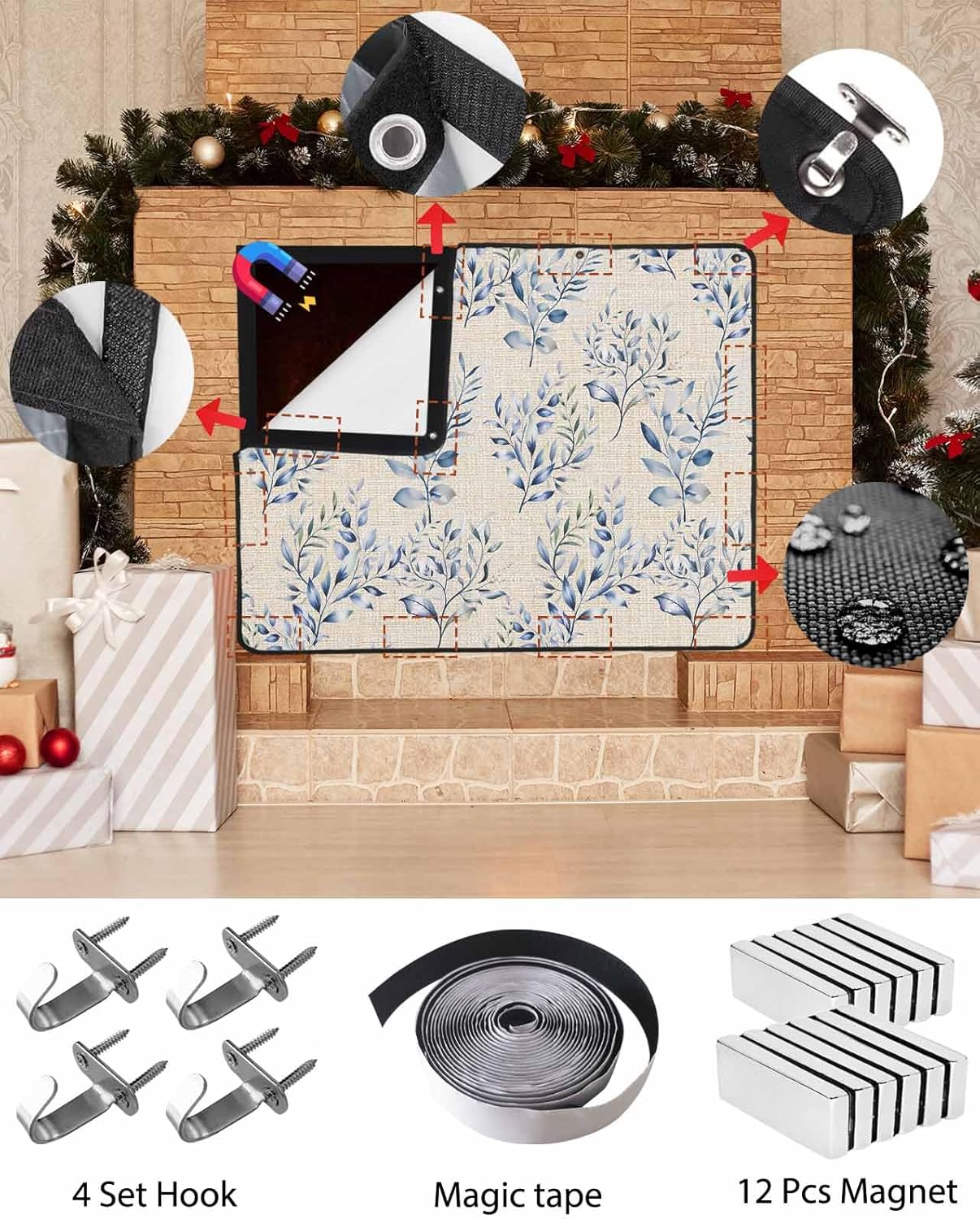 Elegant Flower Magnetic Fireplace Cover 39"x32",Decorative Fireplace Blanket Insulation Cover for Heat Loss,Indoor Outdoor Fireplace Draft Stopper Covers Protectors,Leaves Watercolor Botanical Plant