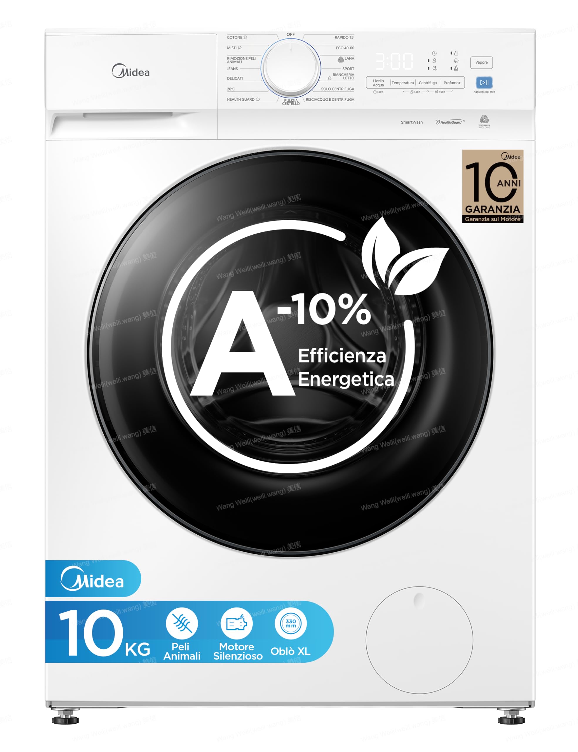 Midea Lavatrice Carica Frontale,10 kg,Classe A-10%, 1400 Giri,Silent Inverter Motor,Rimozione Peli di Animali,Vapore Igienizzante,Programma Sport,Bianco - MFV3EW100BA10