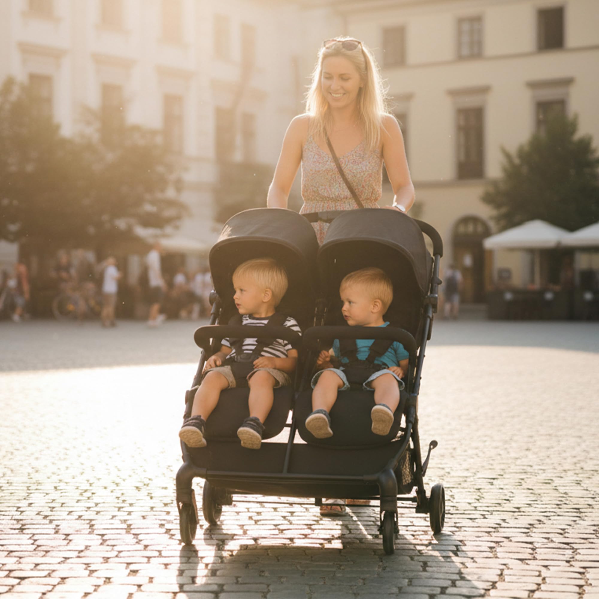 Tess Doppel-Kinderwagen Geschwisterwagen ab Geburt bis 4 Jahre 22 kg leicht zusammenklappbar freistehend großer Staukorb inkl. Regenverdeck Schwarz