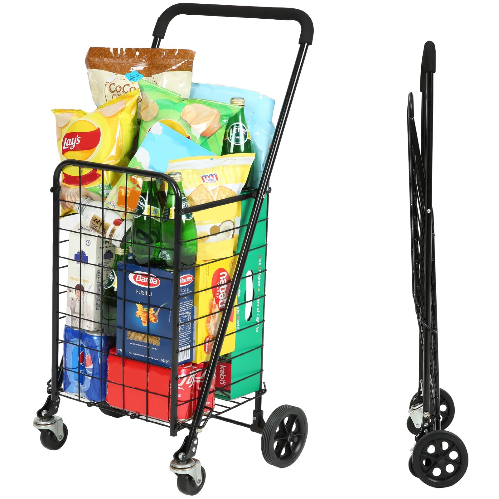 Grocery Shopping Cart Folding Utility Cart with 360° Swivel Wheels,  Collapsible Rolling Cart with Extended Foam Cover, Lightweight Trolley for  Laundry