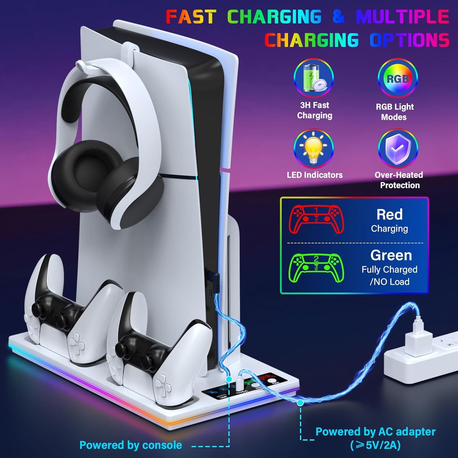 3 en 1 Support PS5 avec Chargeur Manette et Ventilateur à 3 Vitesses, Socle PS5 pour PlayStation 5 Pro/Slim & Standard Disque/Numérique, Refroidisseur PS 5 avec RGB et 2 Ports USB