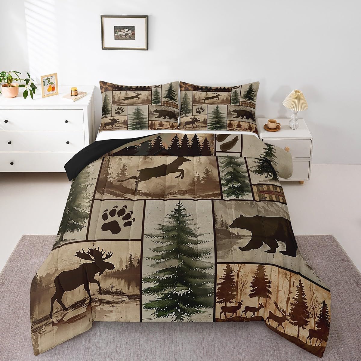 Feelyou Western Rustic Bear Comforter Set Queen Size, Country Farmhouse Duvet Insert, Rustic Cabin Bedding Set,Deer Elk Forest Animal Wildlife Hunting Patchwork Lodge Quilt, 2 Pillow Shams - Image 6