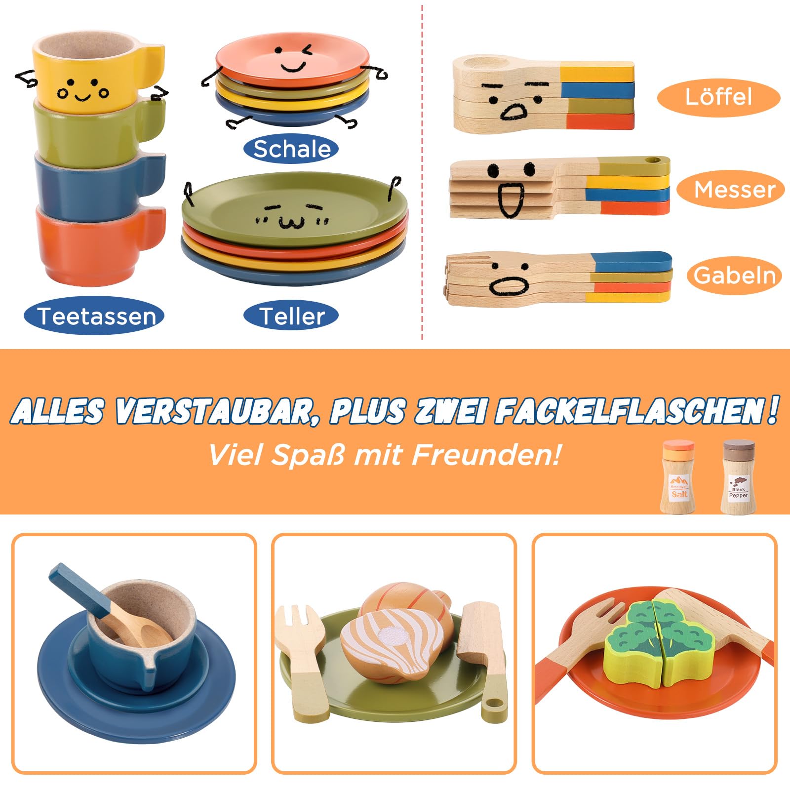 GAGAKU Geschirrset aus Holz Kinder Kinderküchen Spielküche Zubehör Küchenzubehör Kinder Holz