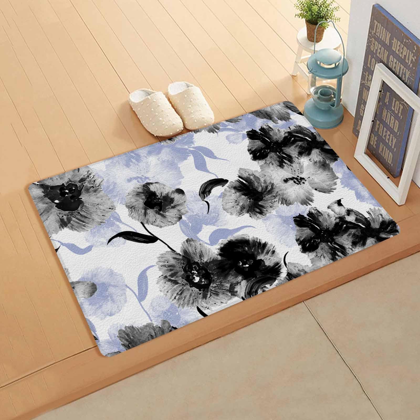 Botanical Blue Kitchen Bath Door Mat Cushioned Runner Rug,Washable Welcome Floor Sink Antifatigue Mat,Waterproof & Non-Slip Comfort Standing Doormat,Black Watercolor Flower Leaves Painting 18