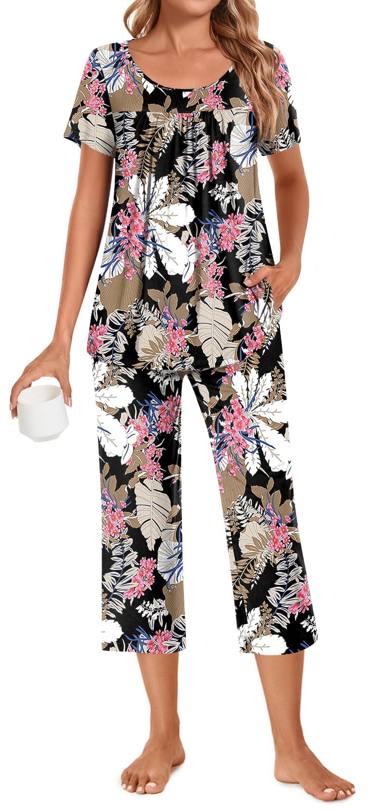 POPYOUNG Plus Size Womens Pajama Sets Summer Ladies Pjs 2 Piece Loungewear Capri with Pockets Sleepwear 3XL, Brown-Pink Leaf