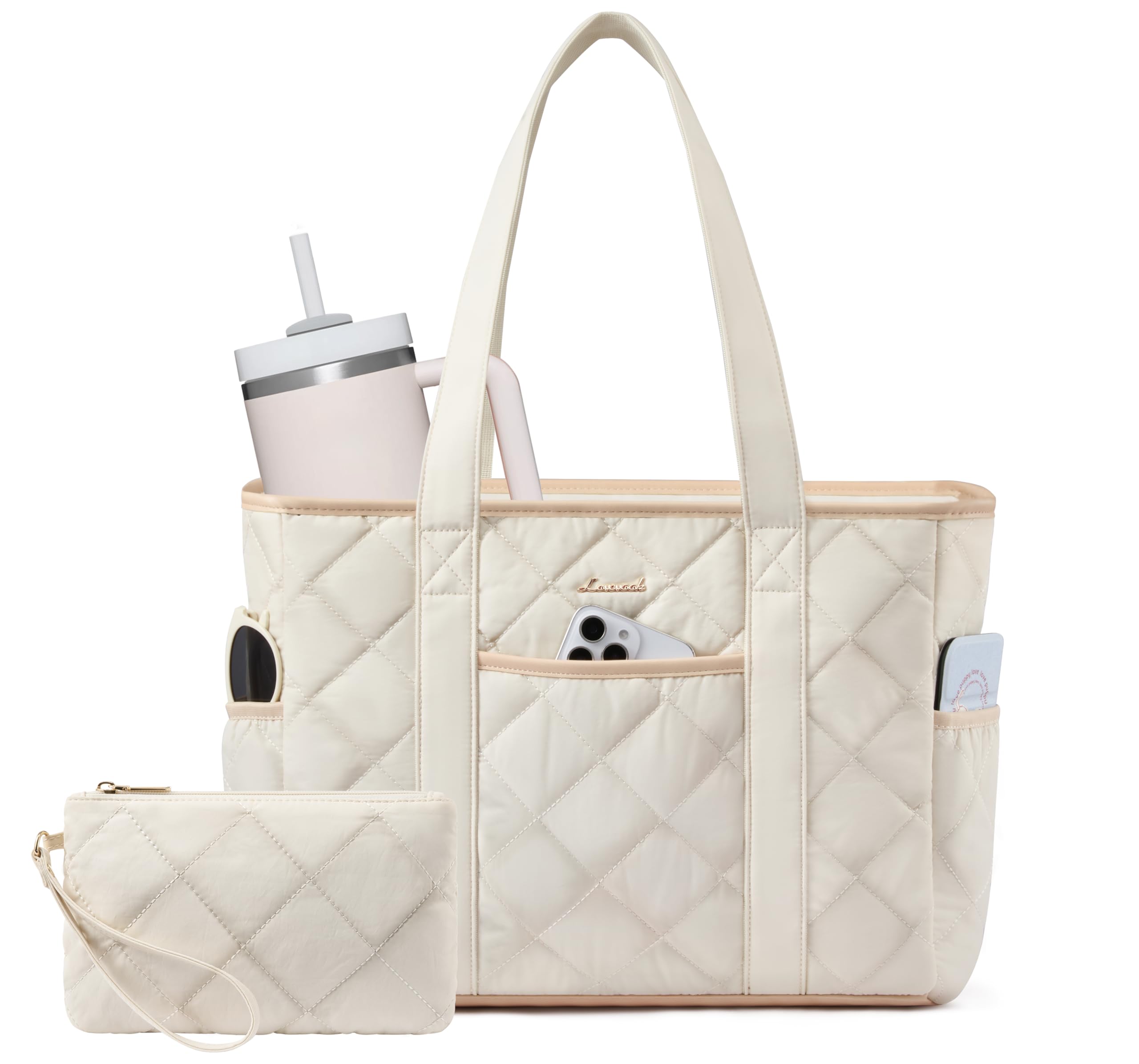 LOVEVOOK Puffer Tote Bag for Women with Cup Holder Work Tote Bag with Zip Quilted Nurse Teacher Shoulder