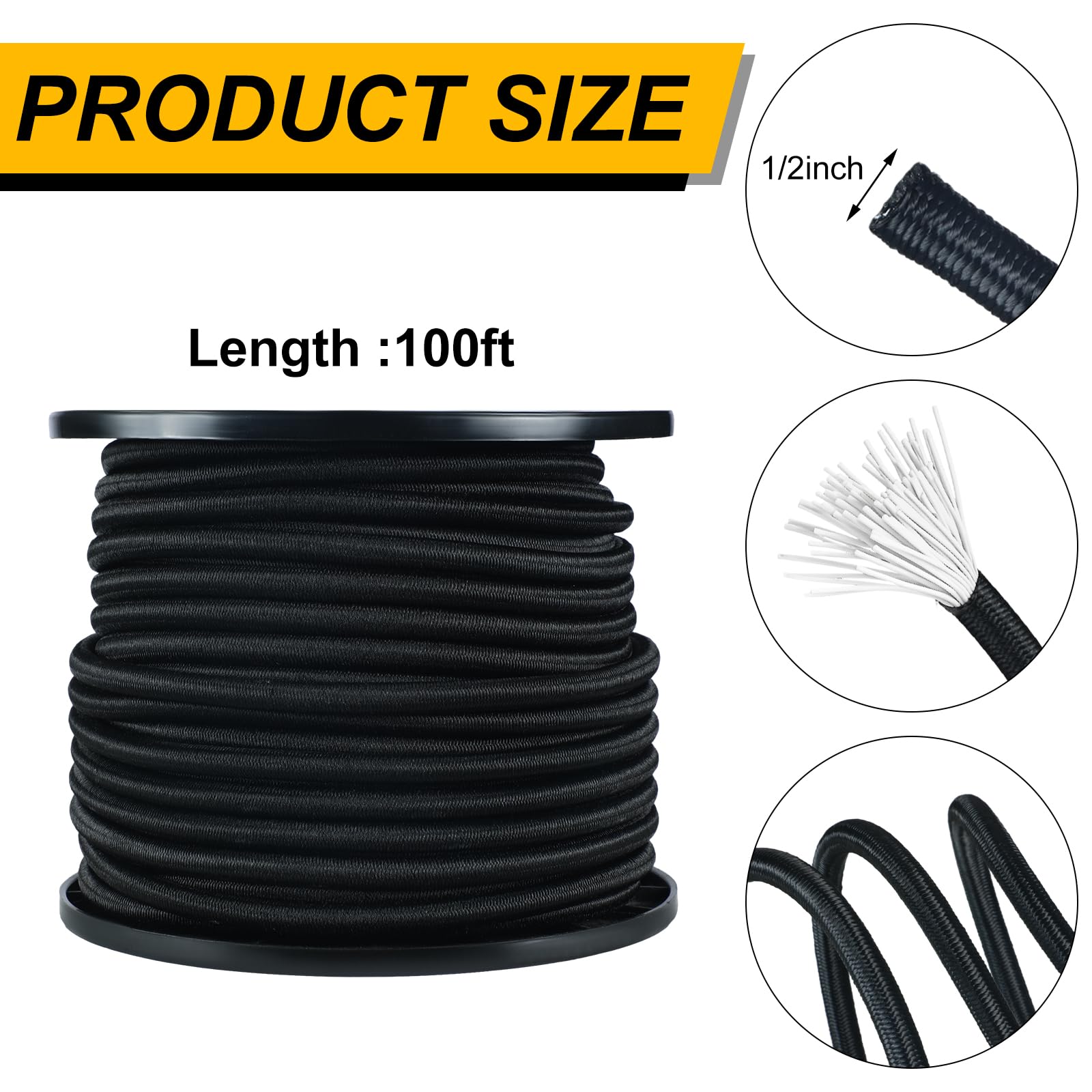 Cuerda elástica de 100 pies, cordón elástico negro, cordón elástico de poliéster de grado marino, cuerda elástica para proyectos de bricolaje, amarres, recreación, uso en interiores y