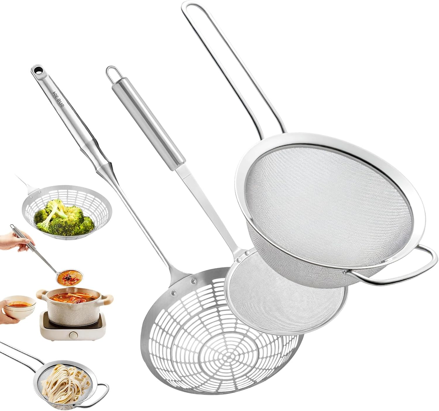 stainless steel extra ultra fine fat skimmer spoon set, very fine mesh strainer scoop, slotted ladle with holes,kitchen cooking utensil spider strainer for frying,fryer,pasta,egg,soup,oil,grease