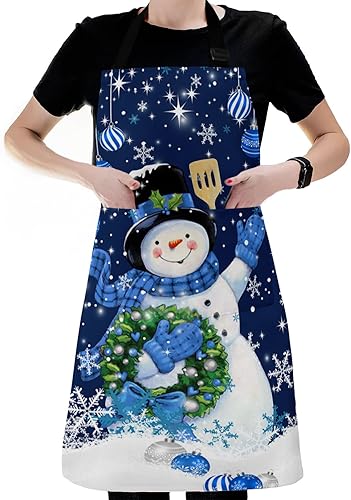 Delantal de chef ajustable, delantal de muñeco de nieve de Navidad con bolsillos, para hombres y mujeres, delantal de cocina impermeable
