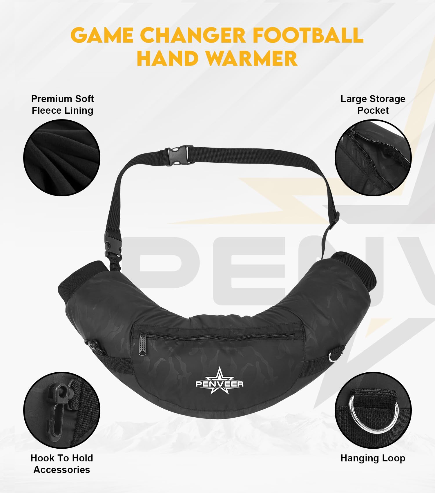 Penveer Football Hand Warmer Pouch - Water Resistant Hand Warmer Muff with Adjustable Strap, Ribbed Cuffs and Zipper Pocket, Ideal for Football, Hunting, & Outdoor Activities (Black Camo Youth)