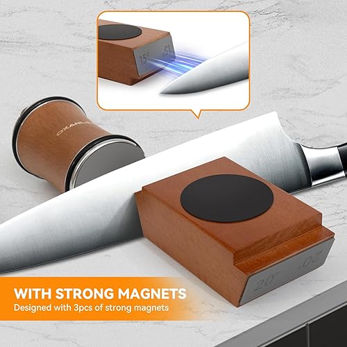 Miniatura 4 de Kit de rodillos de afilador de cuchillos con base de madera magnética mejorada de 15 y 20 grados, discos de diamante, trampa de cuero y compuesto de