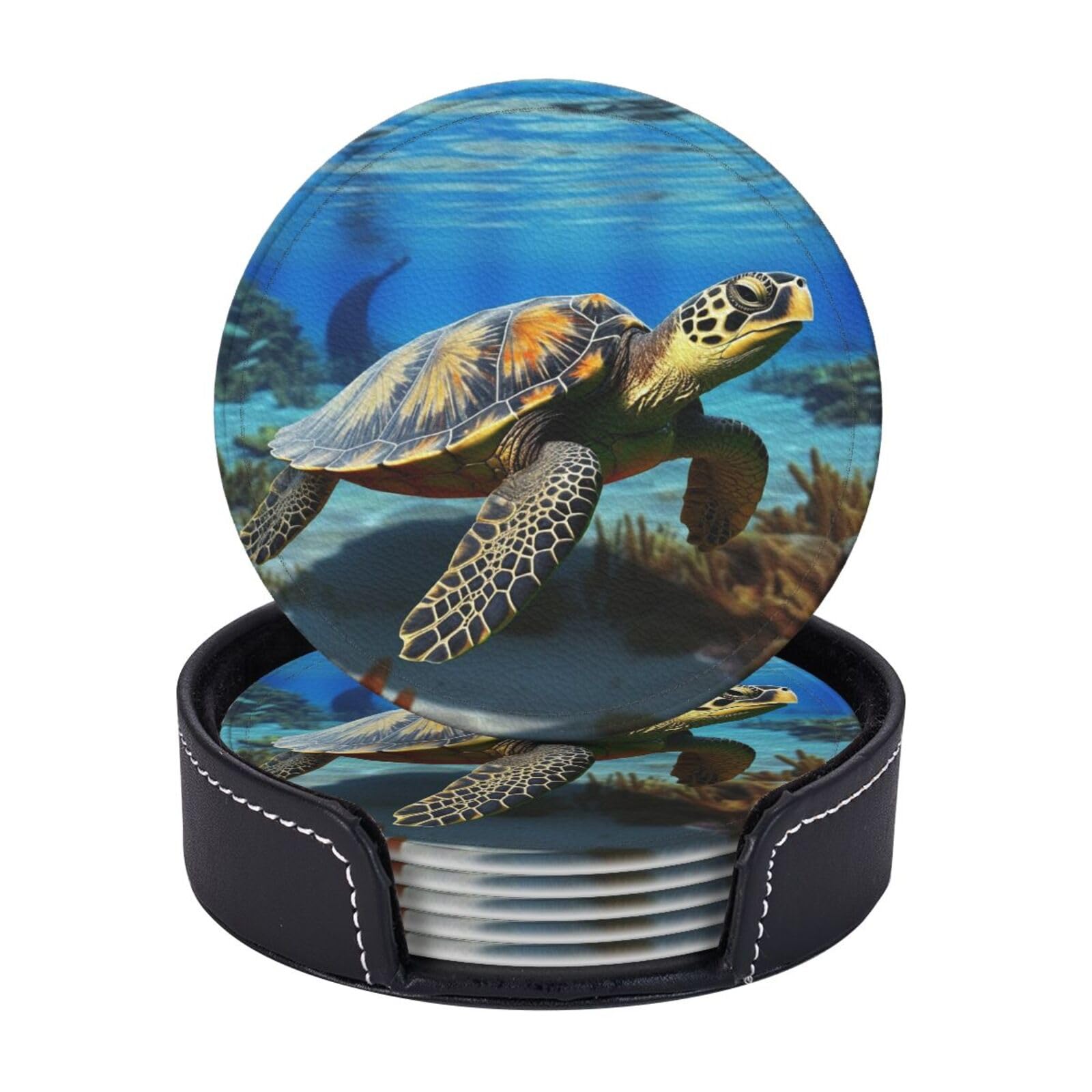 Drink Coasters 6Pcs Round Leather Coaster with Holder Turtle Coasters for Drinks Coffee Cup Mat Heat Resistant Coaster for Tabletop Protection Desk Accessories Office Home Decor