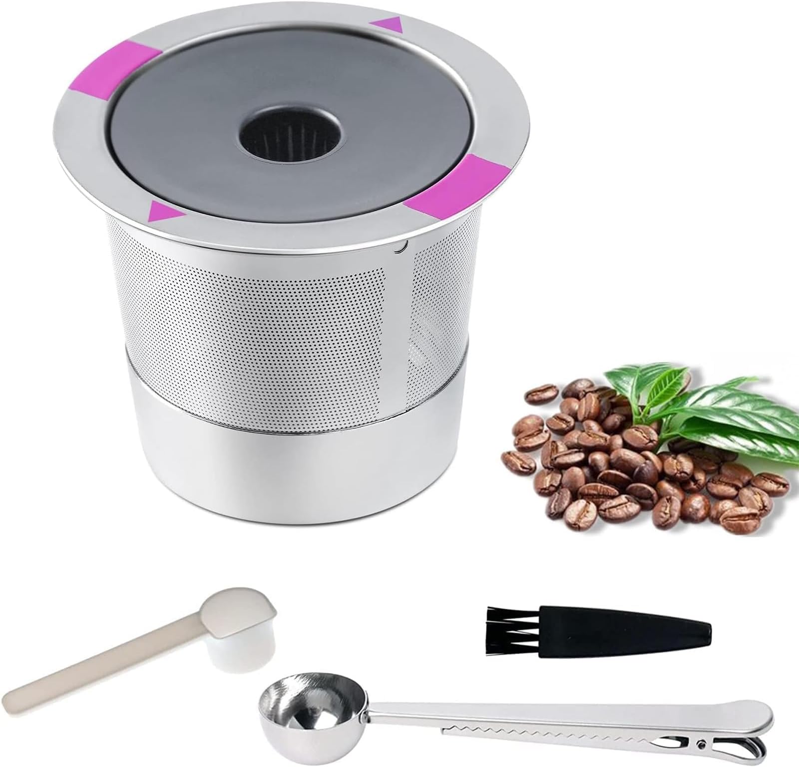 Khazna Reusable Coffee Filter,K Cups Coffee Filter,Reusable K Cup Pod Coffee Filters,Refillable Filters Coffee Capsule Cup,BPA Free,with Stainless Steel Spoon Clamp and Spoon Brush(Silver)