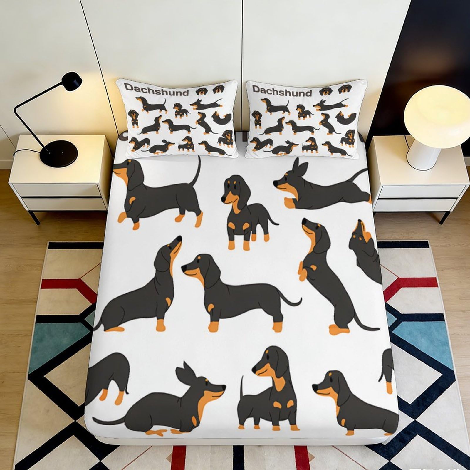 3D Printed Dachshund Dog Pattern Fitted Sheet Microfiber Soft Breathable Mattress Cover for Bedroom Guest Room Decor 180x200x25cm
