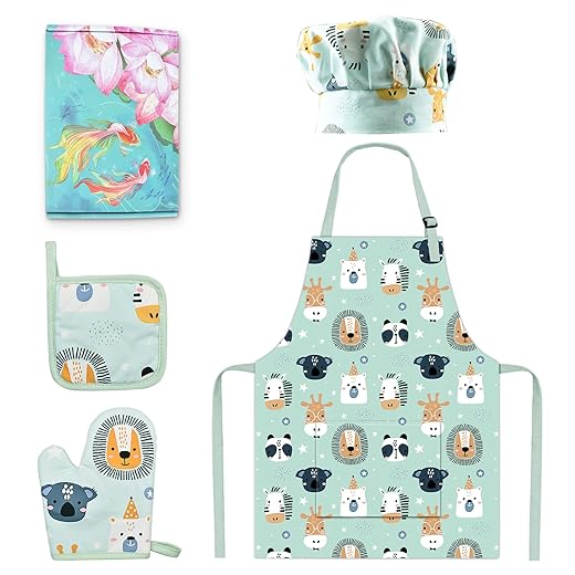 Pipoobear Kids Apron Cotton and Chef Hat Set with Oven Mitt and Hot Pad, Chef Outfit for Toddler Aged 3-5 Kitchen Dress Up, Blue Cute Kids Aprons Set with Pocket for Painting Cooking Baking Gardening