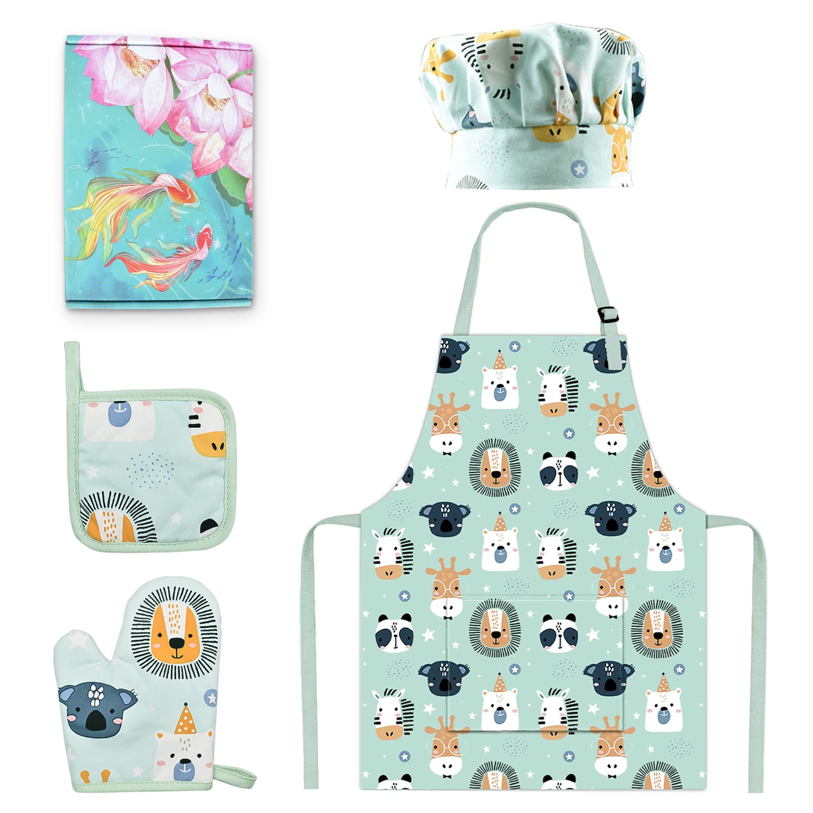 Pipoobear Kids Apron with Chef Hat Oven Mitt Hot Pad for Boys and Girls Aged 3-6, Cute Toddler Cotton Aprons Set with Pocket for Kitchen Cooking Baking Painting