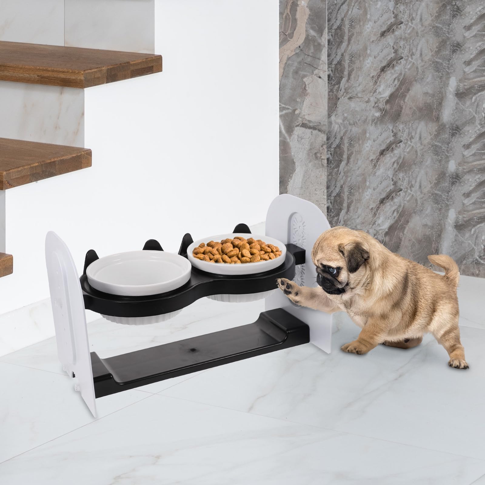 ABOOFAN Doppelnapf aus Keramik, höhenverstellbarer Rutschfester Futternapf für Katzen und Hunde, abnehmbares Design, 1 Set, geeignet für Fütterung zu Hause und unterwegs