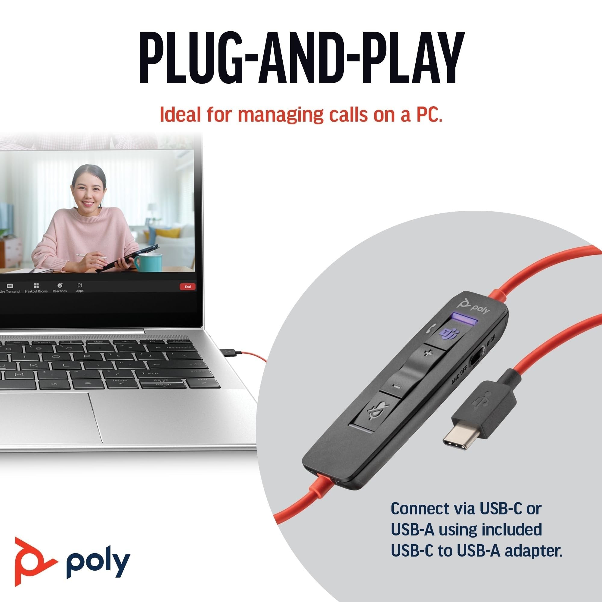 Poly Blackwire 8225, Cuffia Cablata con Connessione USB-A e USB-C, Cuscinetti in Similpelle, Riduzione del Rumore e dell'Eco, Comandi sul Cavo, Compatibile con Windows 10 e macOS, Nero