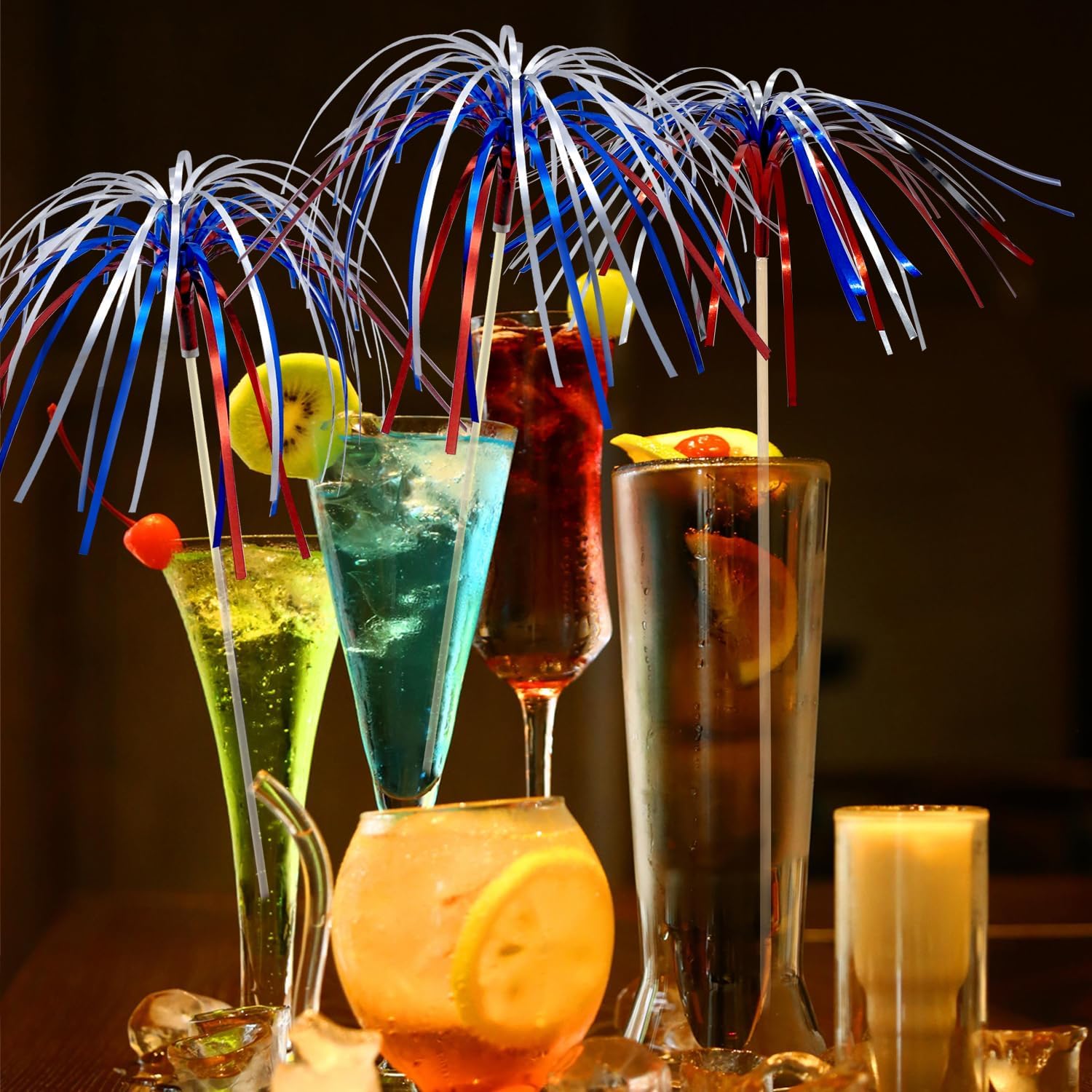 100 Counts 6 Inch Firework Cocktail Picks Red White Blue Firework Party Picks Toothpicks Cupcake Toppers Drink Sticks for Fourth of July Independence Day Party Supplies