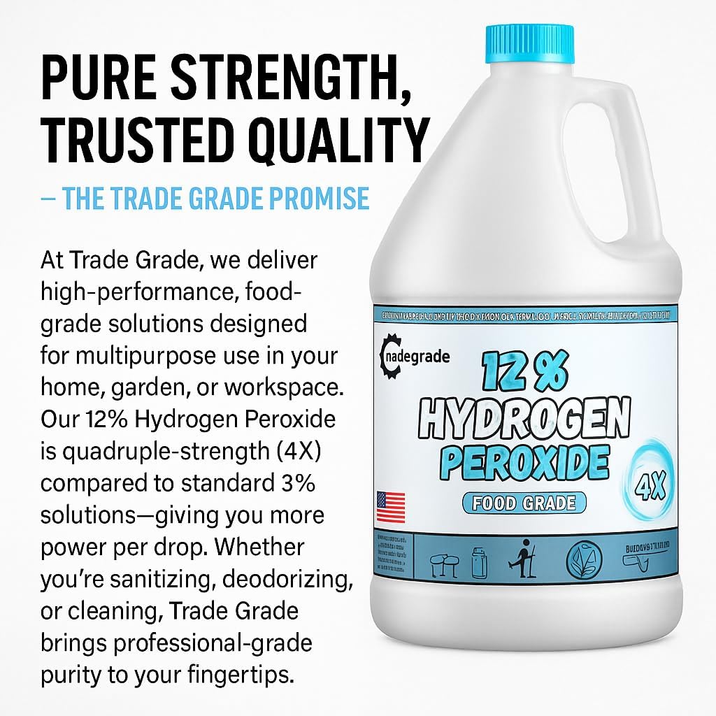 TradeGrade 12% Food Grade Hydrogen Peroxide H202 – Powerful 4X Concentrate | Multipurpose Cleaner for Home, Kitchen, Laundry & More (4 Gallons)